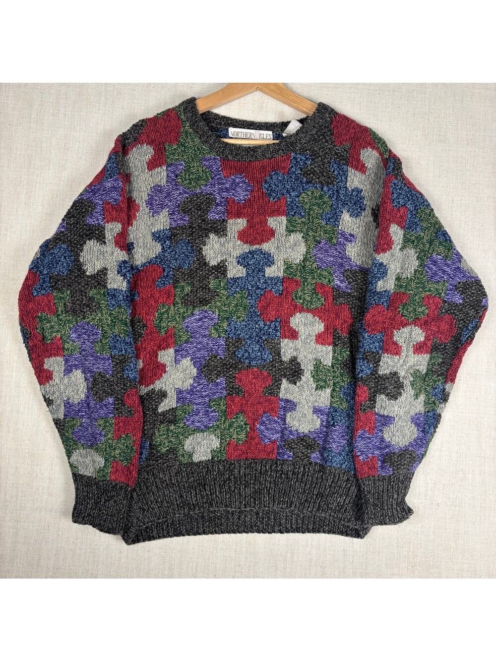 Vintage Northern Isles Hand Knit Abstract Puzzle Art Multicolor Medium Sweater